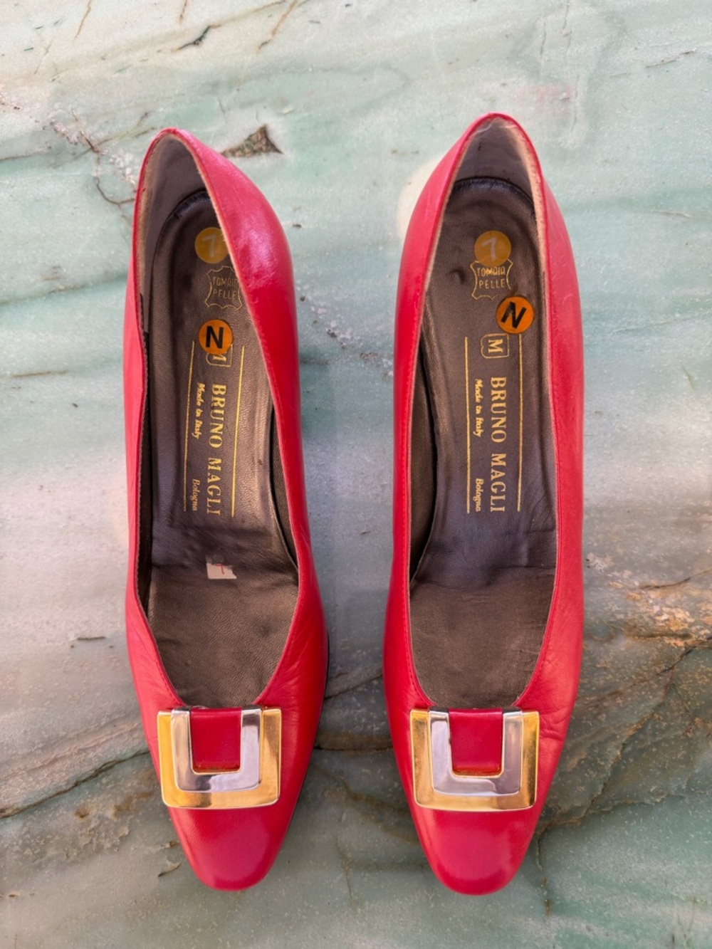 Vintage Bruno Magli Women’s Red Leather Pumps with Gold/ silver Buckle- 7